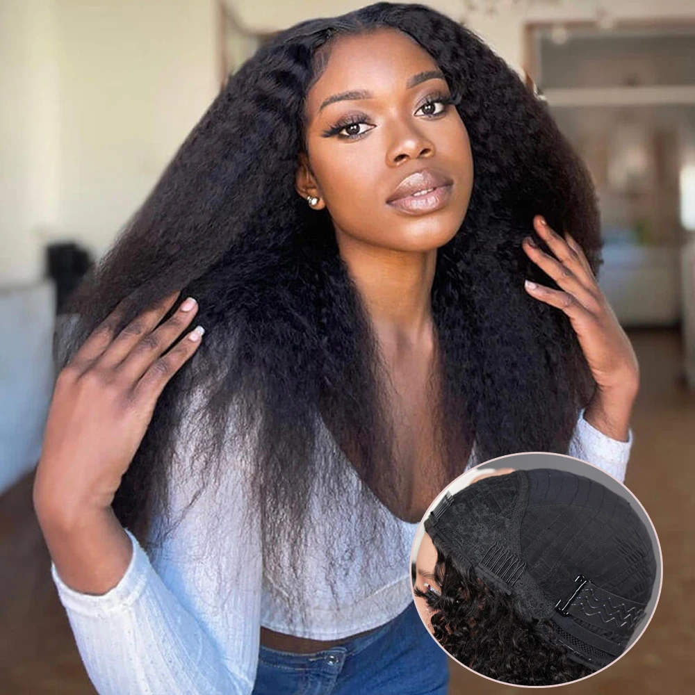 

Kinky Straight 3 IN 1 Half Wig Human Hair Wear and Go Yaki Straight Glueless Wig Machine Made Clip-in Upgrade Human Hair Wigs