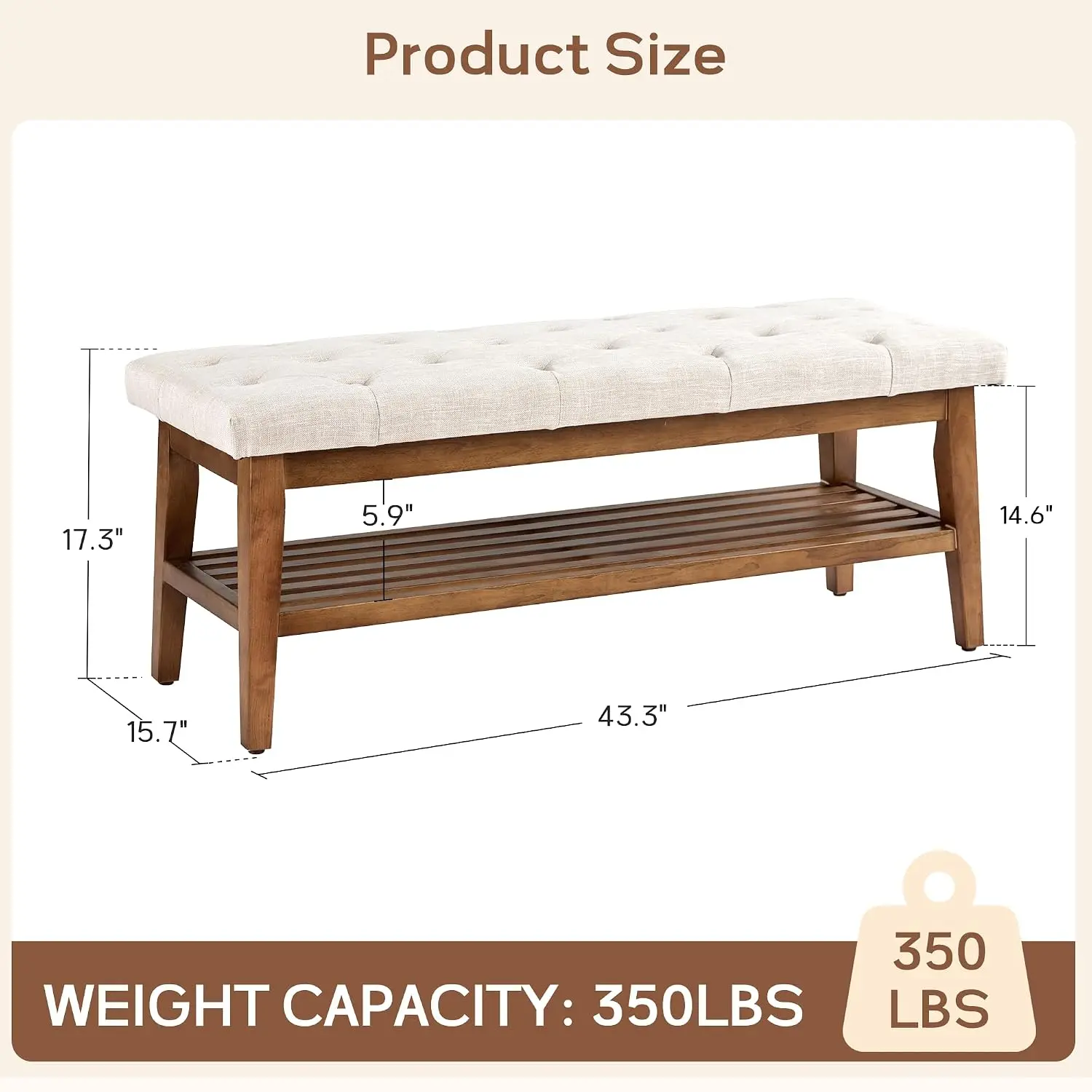 Button Tufted Upholstered Bench with Solid Wood Shelf, Padded Ottoman for Bedroom Living Room Entryway, Beige, Customized