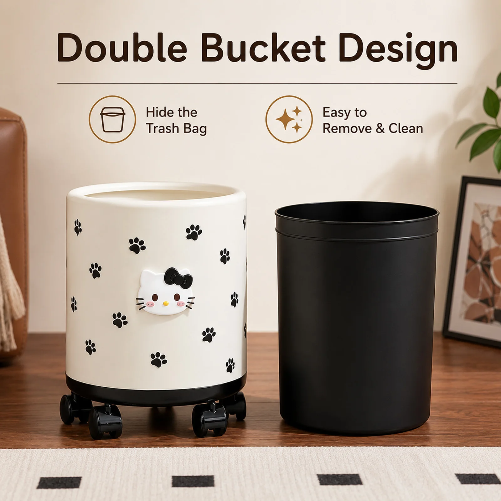 Sanrio Hello Kitty Rolling Trash Can with 360 Universal Wheels Large Capacity Household Waste Bin with Free DIY Stickers view 3