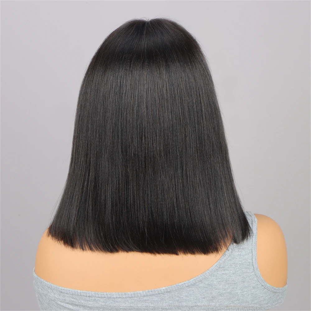 Yaki Straight Bob Wig with Bangs Human Hair 180% Density 10 inch Natural Black Short Bob Wigs Human Hair With Bangs Glueless