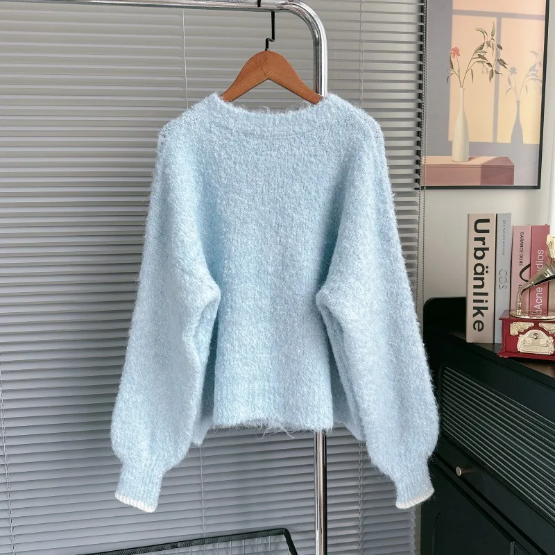 الحب زر تصميم سترة مشغولة من الصوف المرأة الجديدة لطيف كسول نمط لينة جولة الرقبة سترة الخريف الشتاء مجموعة جديدة فضفاضة #3