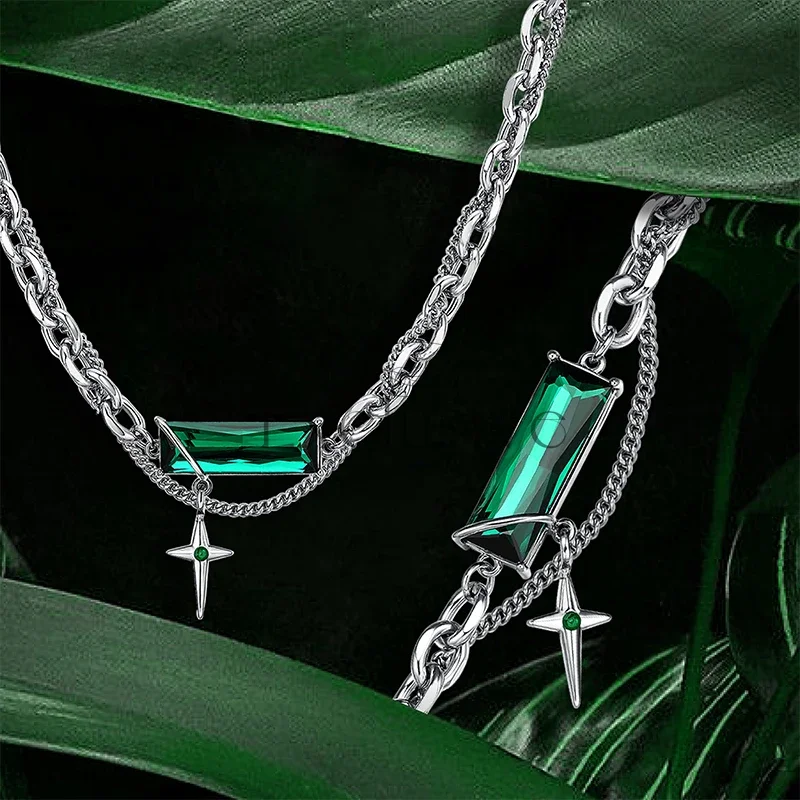Trend splicing necklace men's cold wind green zircon star glow niche design