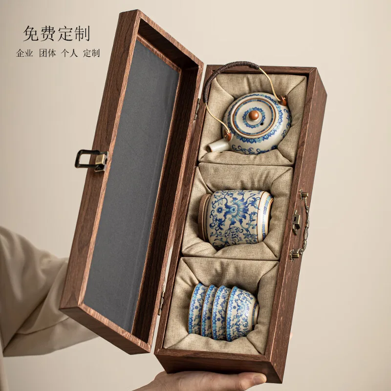 Ru kiln travel tea set, one pot of four cups, souvenir, business gifts, father's birthday gifts