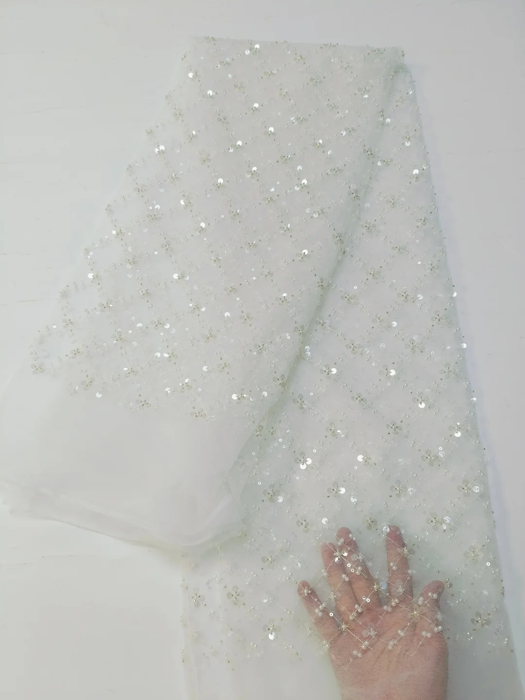 2026Latest Best Quality White Soft Tulle Sequined lace with Stones Fabric For Party Evening Dress U_GE6839