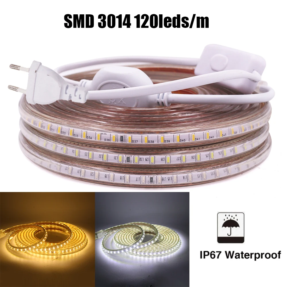 AC 220V LED Strip Outdoor Waterproof Lamp SMD 2835 276Leds/M Flexible Tape Ribbon 5050 5730 3014 Christmas Light with EU Plug