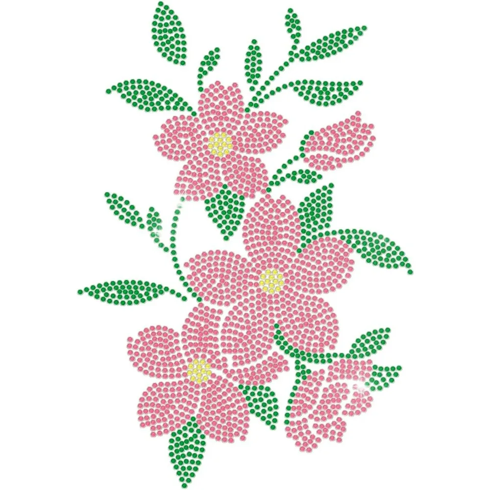 Cherry Blossoms Rhinestone Iron on Transfers Iron on Hotfix Decal Bling Pink Spring Flower Green Leaves Crystal Rhinestone