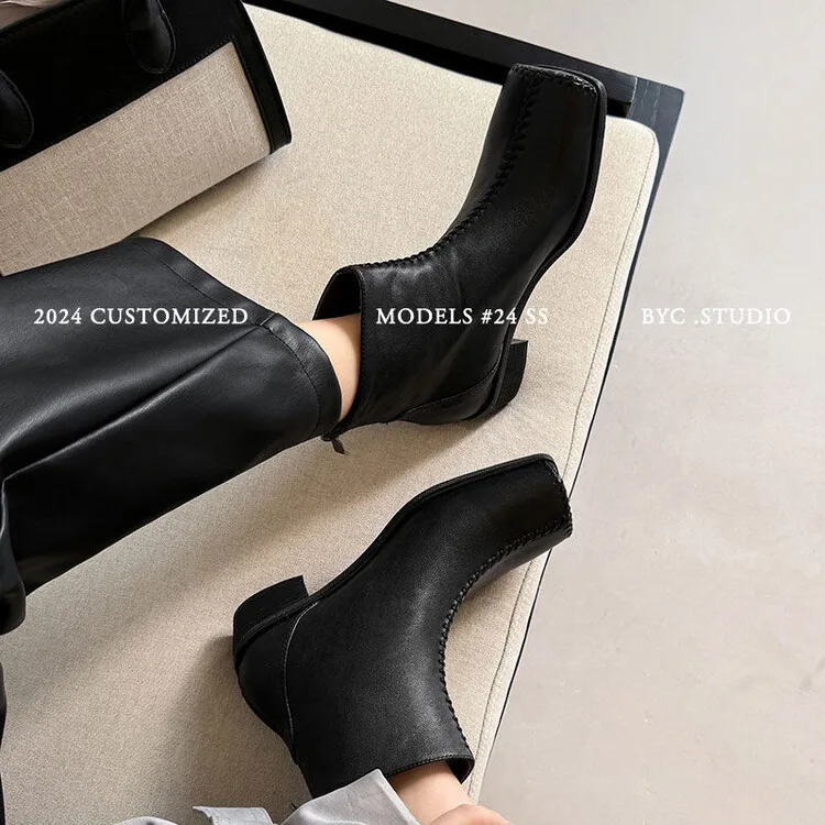 Stivali corti da donna di design britannico Punta quadrata Autunno Chelsea Botas Design cucito Tacchi medi Marrone Cavaliere Botines Taglia 41 Zapatos