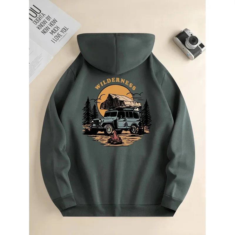

Men's new fashion hoodie, casual daily drawstring hooded sweatshirt motorcycle print, front kangaroo pocket, men's jacket