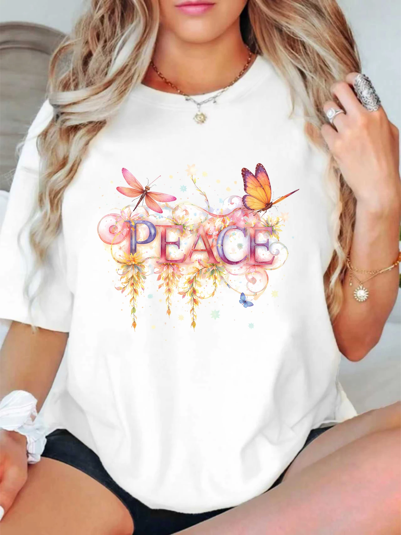 【ZXH11443】Dragonfly butterfly print plus size women's round neck summer casual short sleeved street fashion versatile T-shirt