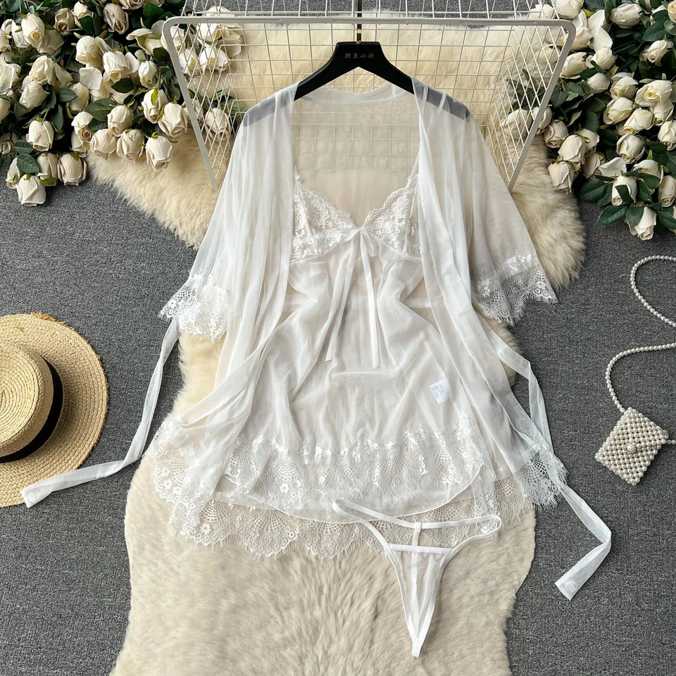 Lace Babydoll Sexy Sleepwear Mesh Bridal Night Dress Mini Chemise Wedding Nightie Nightgown With Robe Lingerie for Women