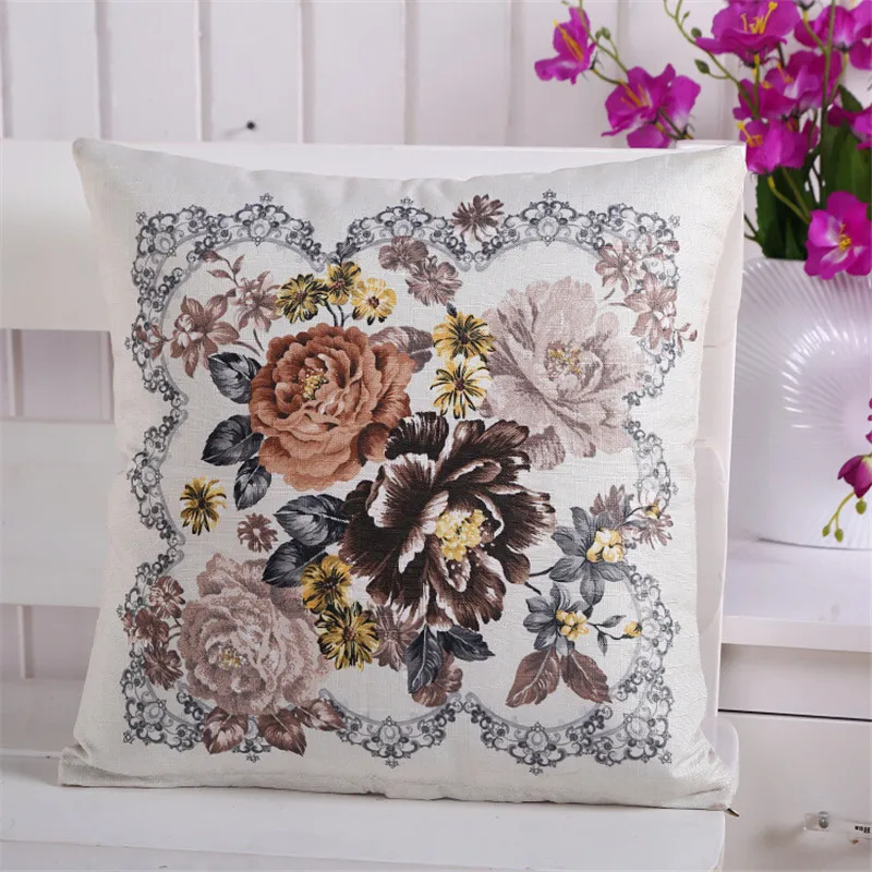 45x45cm Bamboo Linen Vintage Peony Flower Pillowcase Sofa Seat Cushion Cover Home Decoration