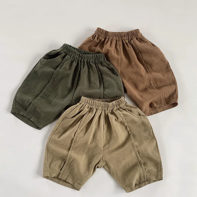 Baby Boys Girls Trousers Cotton Linen Solid Color 1-7Yrs Baby Boys Girls Shorts Korean Style Kids Casual Shorts For Summer