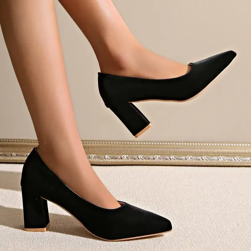 Rimocy Sexy Black Point Toe High Thick Heels Women\'s 2025 Spring Suede Leather Plus Size Pumps High-Quality Woman Office Heels