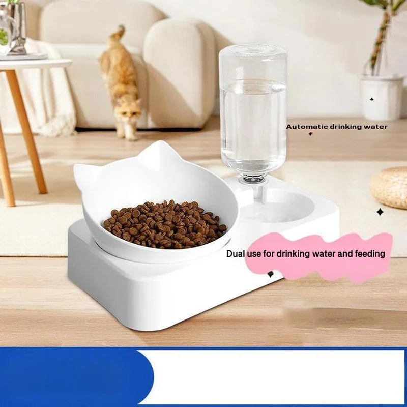 

Double Cat Bowls Pet Feeder 2-in-1 Double Bowls with Automatic Drinking Bottle Tilted and Rotatable Design for Cats and Dogs