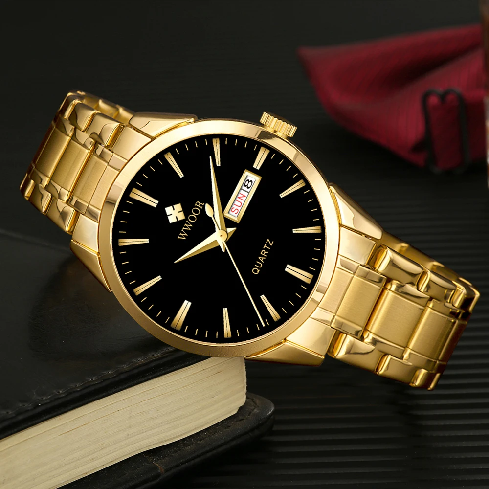 WWOOR New Watch For Men Quartz Mens Watches Top Luxury Brand Male Gold Waterproof Watch Stainless Steel Relogio  Masculino Free