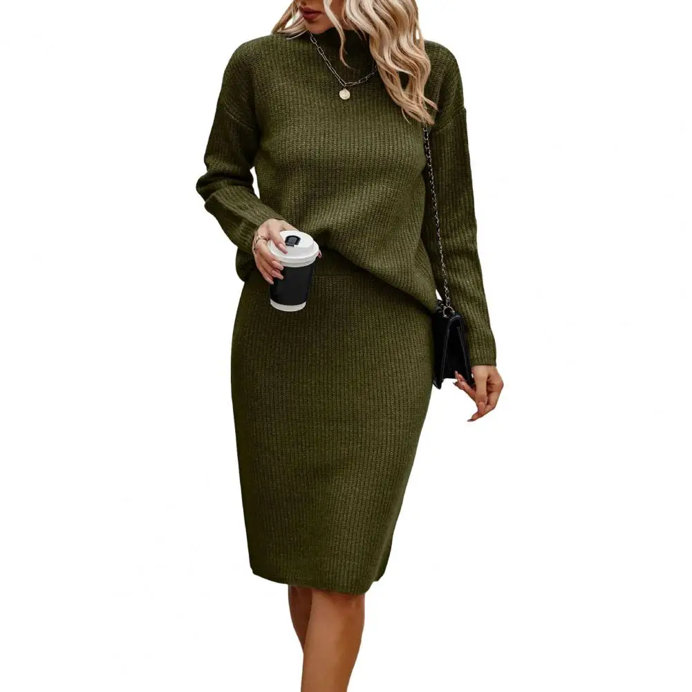 Women Sweater Skirt Suit Knit Thick Warm Long Sleeve Slit Hem Elastic Commute Knee Lengh Skirt 2 Pcs/Set