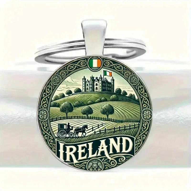 Fashion New Ireland Countryside Scenery Glass Time Gem Keychain Men Car Keyring Women Bag Key Ring Wedding Trinket Boy Gift K192