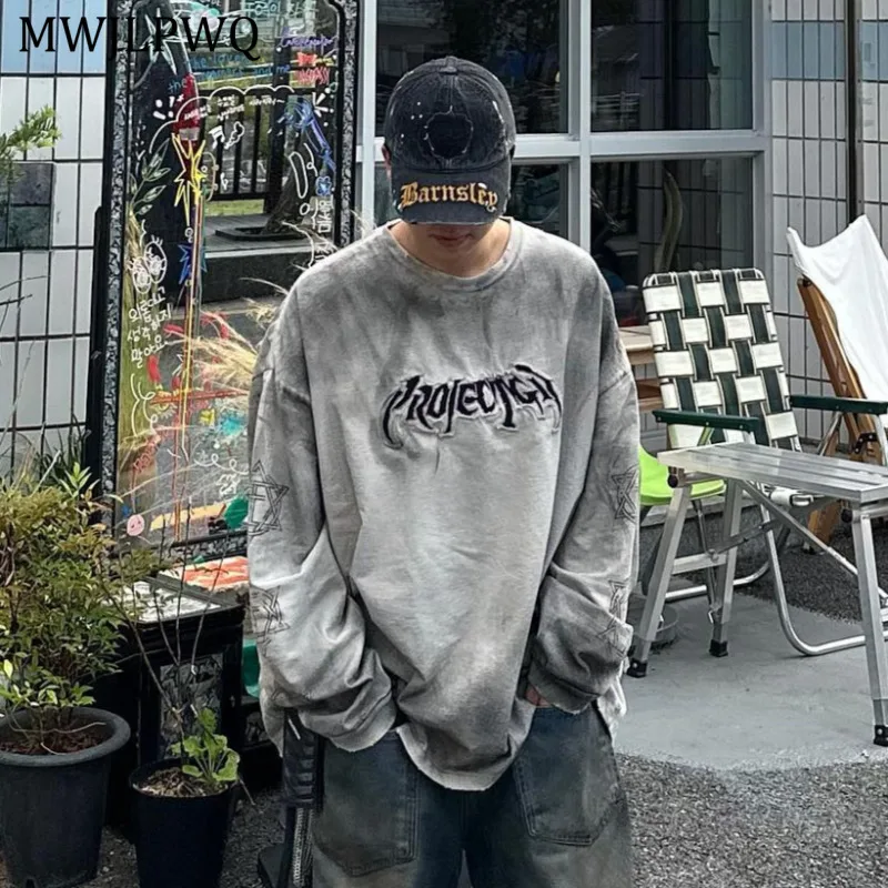 

MWJLPWQ потертый свитшот с длинными рукавами для струйной печати Dirty Dye, мужские винтажные потертые повседневные топы с американским принтом High Street 11185