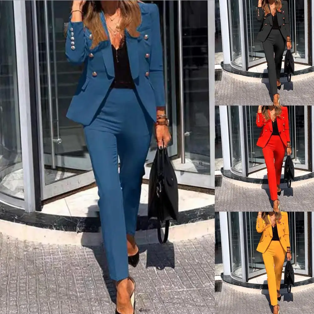 Women Suit Set Single Breasted Jacket Formal  Trousers Fake Flap Pockets Two-piece Lapel Buttons Blazer Pencil Pants Wedding