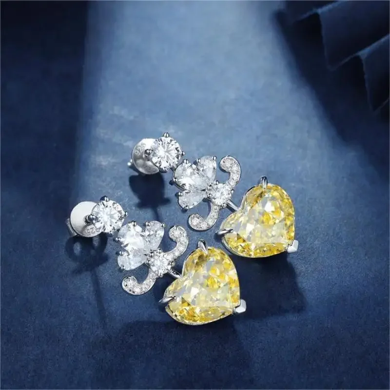 RUIF 2024 New S925 Silver Heart Shape Yellow Earrings for Women Ice Cut Zirconia New Fashion Jewelry