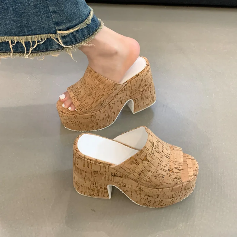 Female Shoes Slippers Heels Low Platform Slides Square heel 2024 High Summer Block Rubber PU Rome Fabric Super Hoof Female Shoes