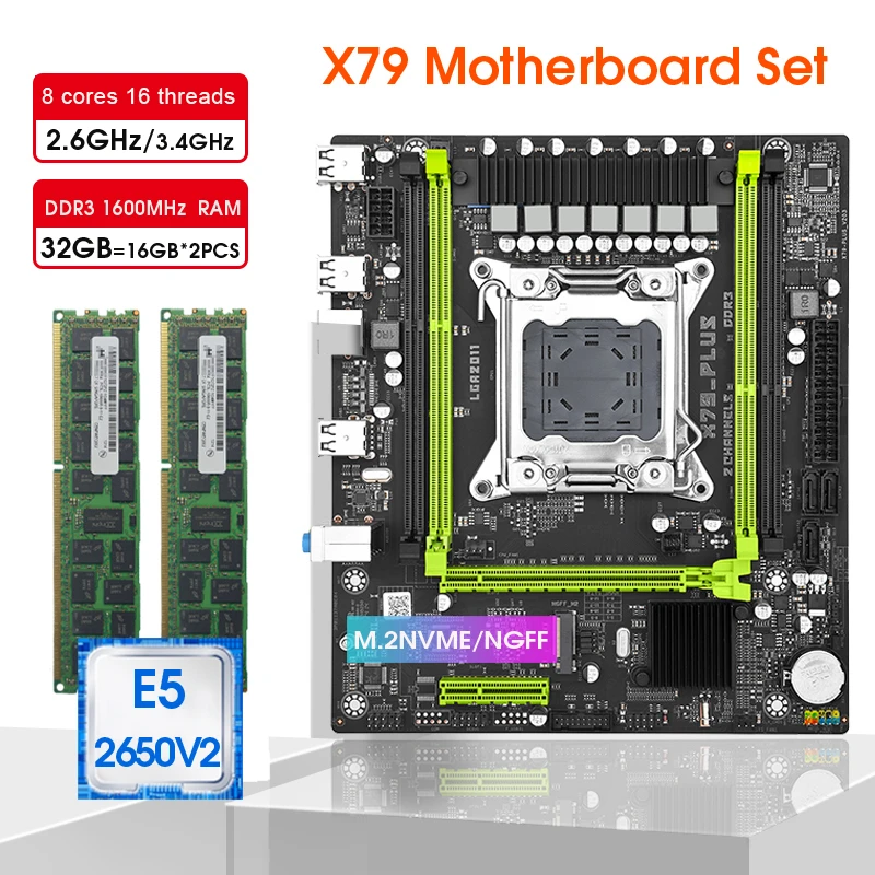 X79 PLUS Motherboard LGA 2011 2650V2 And 32GB（2*16GB)1600MHz DDR3 ECCRAM Support Dual Channels NVME NGFF M.2