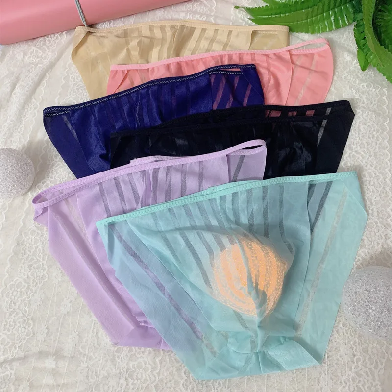Striped Mens Sexy Underwear Transparent U Convex Pouch Briefs Seamless Mesh Breathable Comfortable Slim Male Triangle Panties