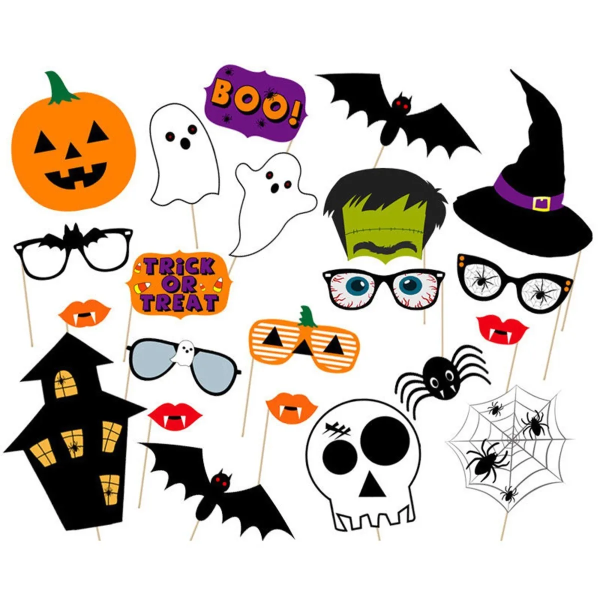 Halloween Photo Booth Props Set with Pumpkin, Ghost, Bat, Witch Hat, Spider and Skull Signs description 1