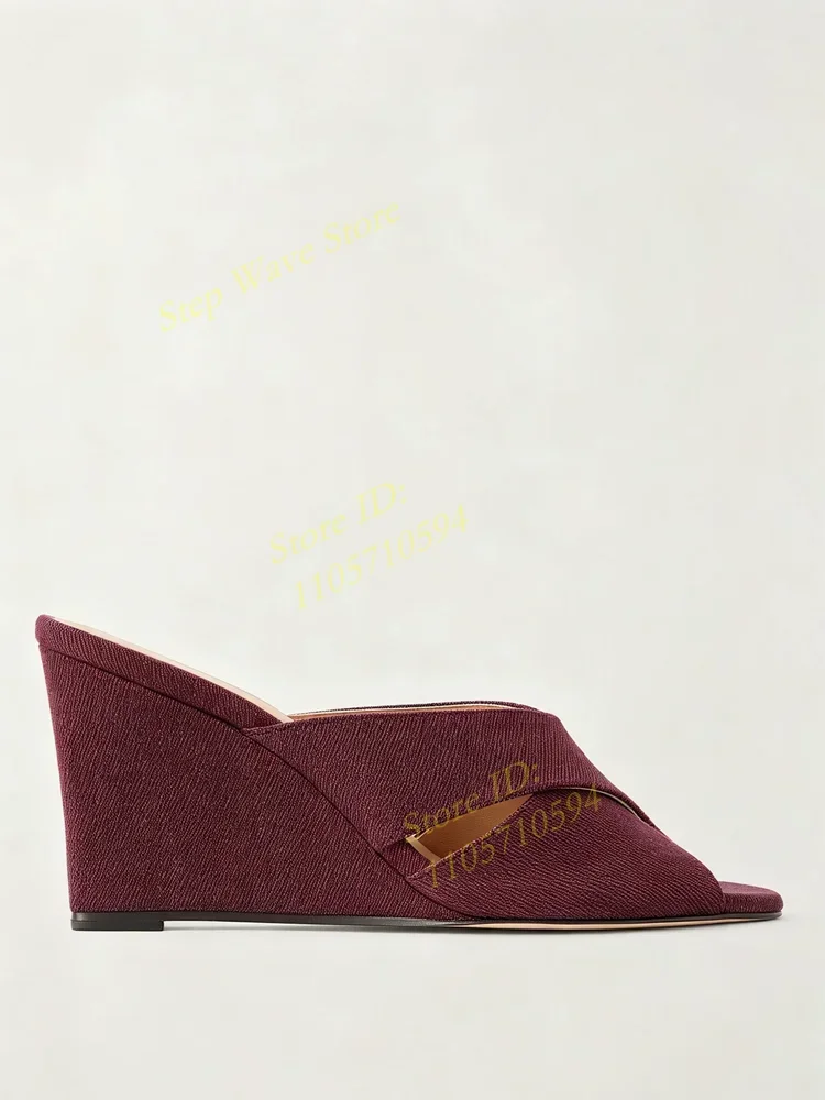 Burgundy Cross Strap Slippers Peep Toe Wedges Runway 2026 Summer Women Dress Shoes Slip On Handmade Shoes Solid Black
