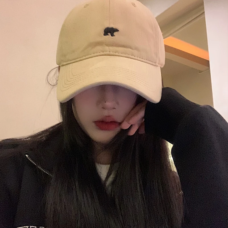 Polar Bear Embroidered Baseball Cap Women\'s Soft Top Wide Brim Face-Looking Small Peaked Cap Circumference Beige Hat Fashion