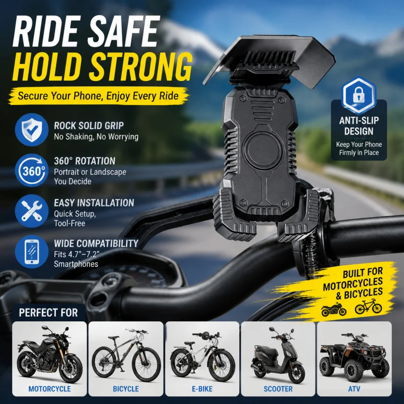 

Shockproof Motorcycle & Bike Phone Holder, Magnetic Secure Mount, 360° Rotation for Navigation