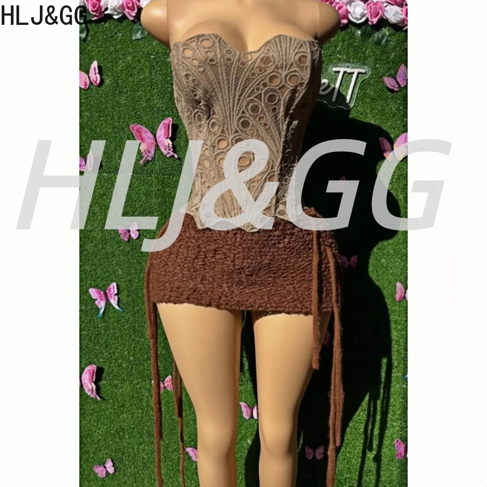 HLJ & GG-Conjunto de dos piezas de tubo Irregular de encaje hueco para mujer, Top corto ajustado sin mangas con hombros descubiertos y Mini faldas con borlas, trajes