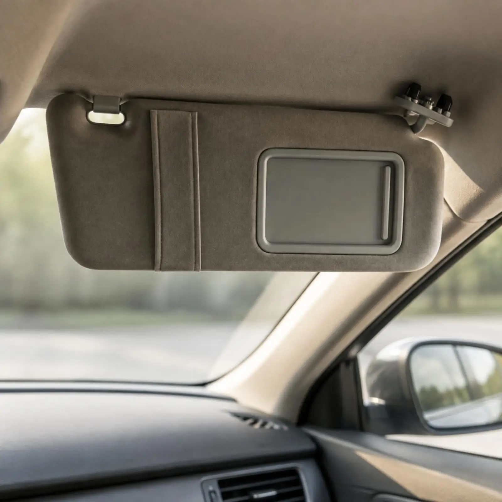 Passenger Side Sun Visor with Sliding Mirror Cover for Japanese Sedan 2007-2011 Gray Upholstered Trim