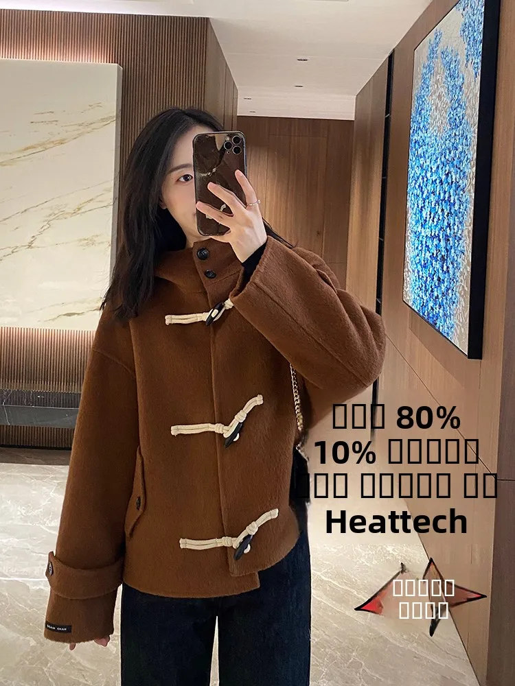 

Double-Faced Woolen ort Coat for Women with Horn Buttons Sweet Sle Winter Jaet Coat Cute Little Size 25-29 Years Old