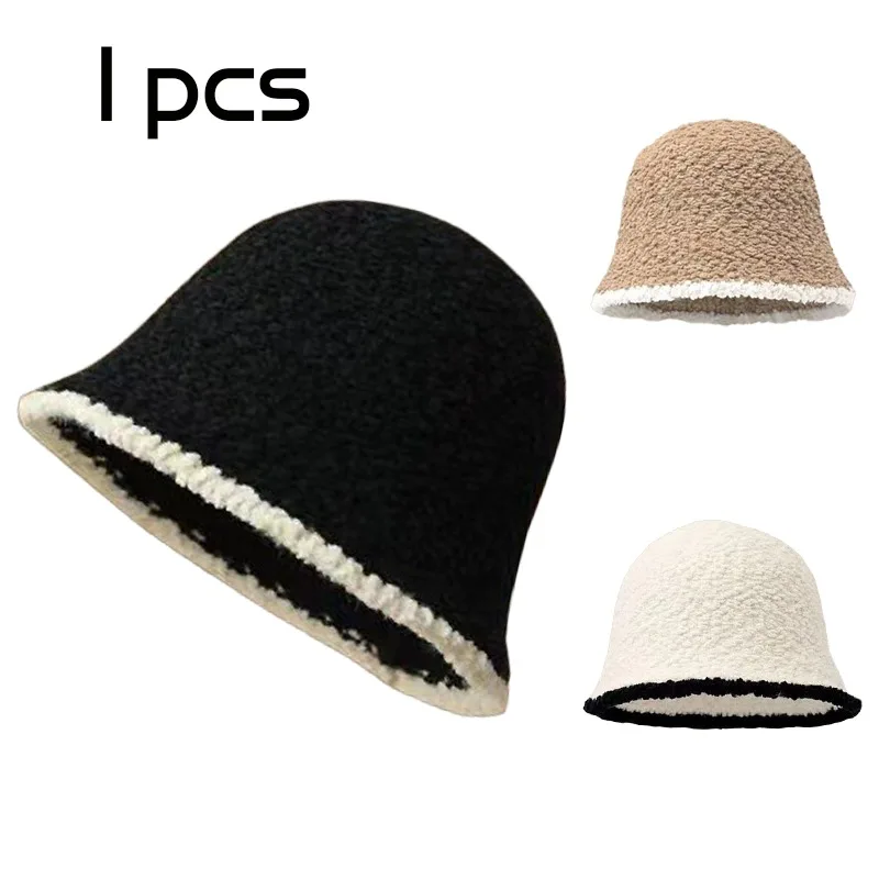 Ladies Bucket Hat Black Plush Hat Autumn and Winter Small Fragrance Show Face Small Plain Knitted Bucket Confinement Hat
