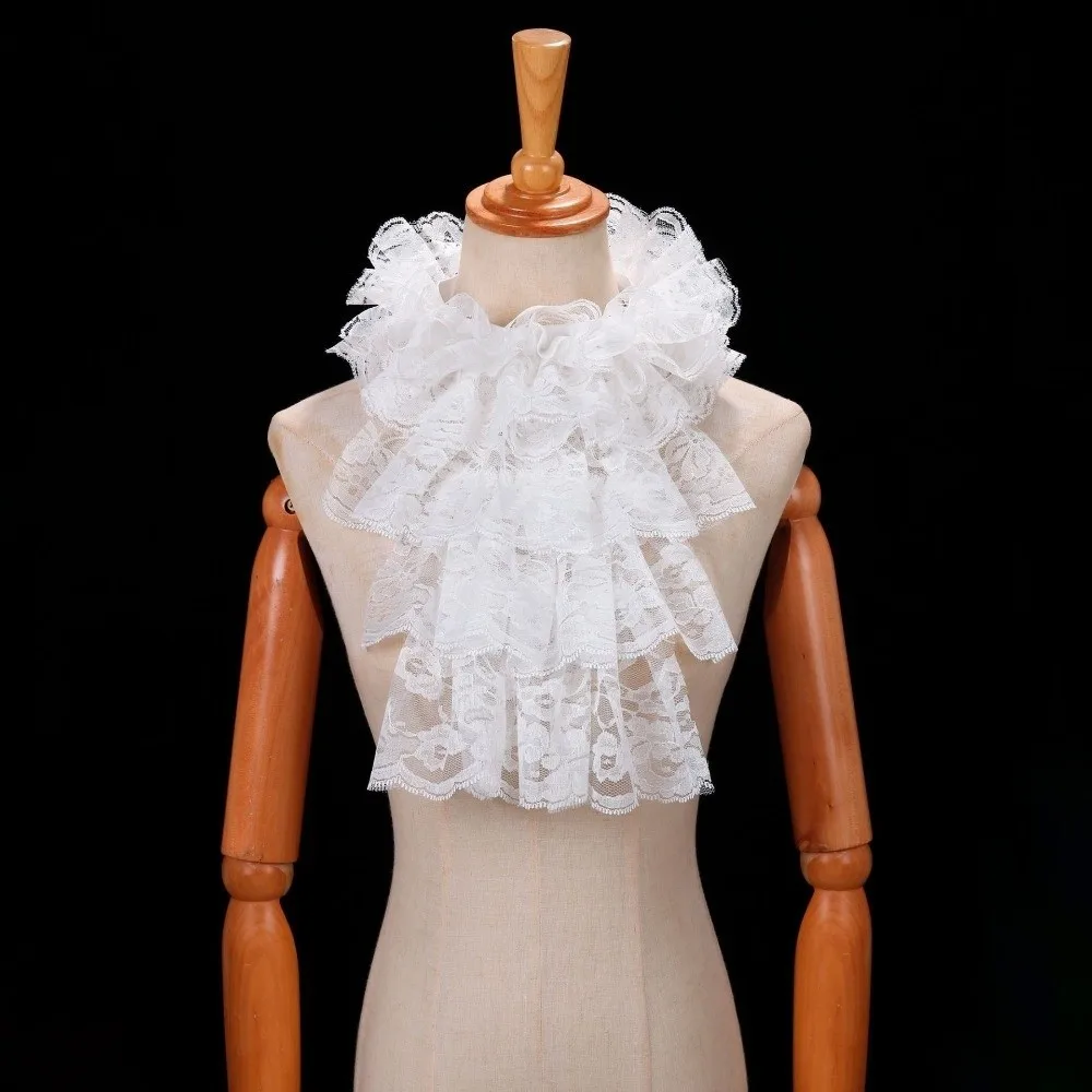 Elegante cuello jabot de encaje victoriano desmontable, diseño hueco, color liso, cuello con volantes