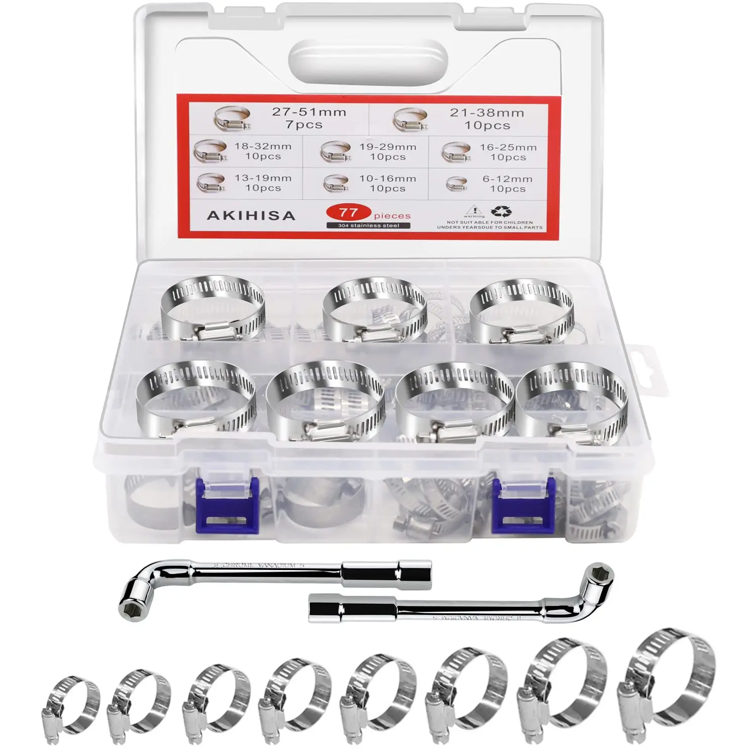 77Pcs Adjustable 6-51mm Hose Clamp Worm Gear Clamps Assortment Kit with 2pcs Socket Wrench for Pipes Automotive Mechanical Use