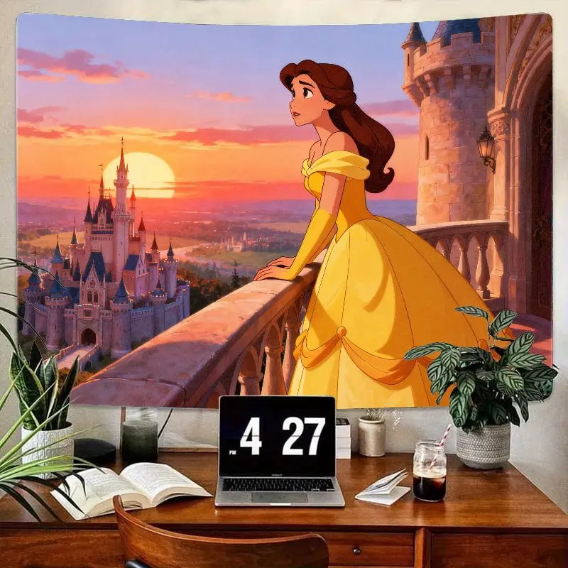

1 шт. гобелен Disney Belle, желтое платье «Красавица и чудовище», замок заката, настенное искусство, современный декор комнаты из полиэстера, подарок для девочек