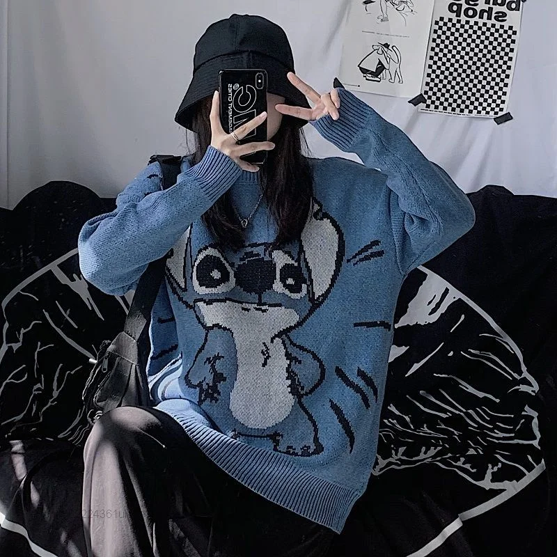 Disney Cartoon Stitch Clothes New Knitted Sweater Women Korean Style Harajuku Loose Sweaters Y2k Female Streetwear Top Pullovers