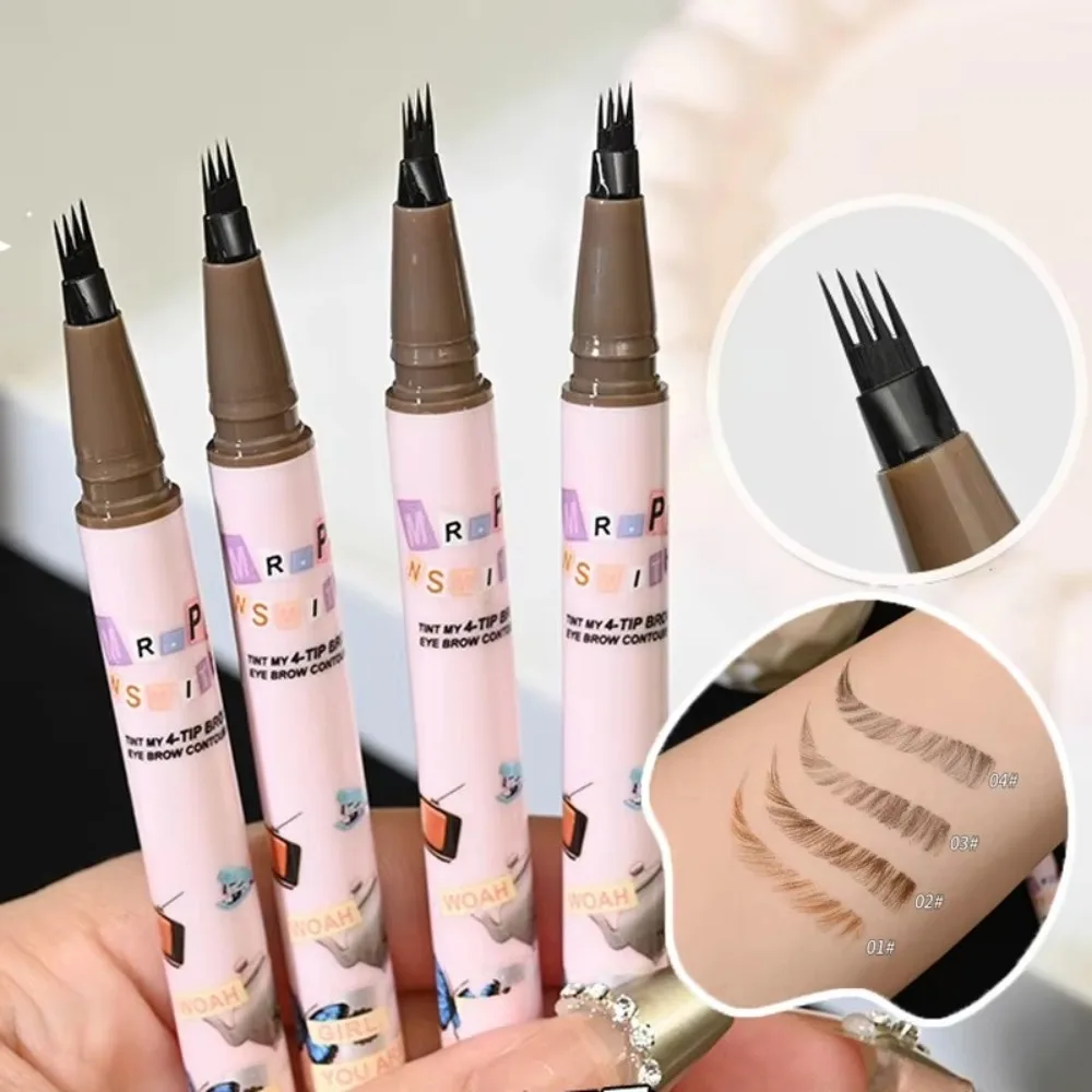 กันน้ํา 4 สีปากกาเขียนคิ้ว 4 เคล็ดลับส้อม Natural Dark Brown Liquid Eye Brow ดินสอเครื่องสําอางค์ Long Lasting Eyebrow Tattoo ดินสอ