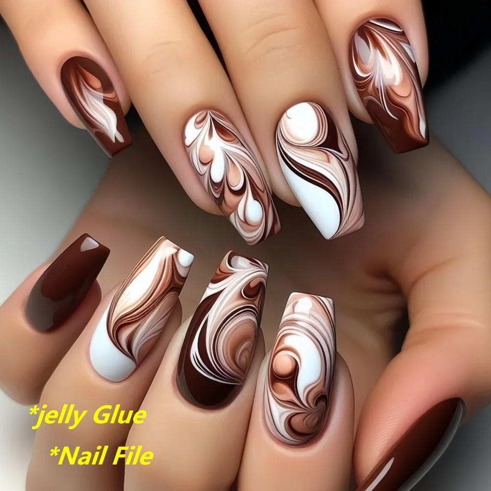 Coffee Brown Press on Nails Ballerina Square Artificial Full Cover Marble Press on Nail Tips Coffin Fake Nails Faux Ongles