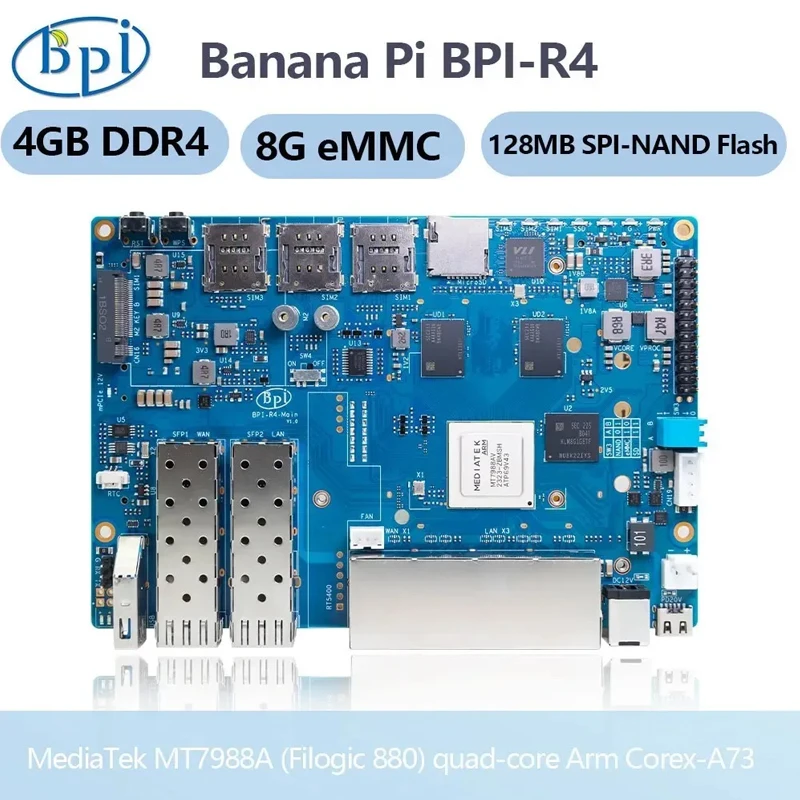 Imagem -02 - Banana Pi-quad-core Smart Router Board Octa-r4 Mediatek Mt7988a Filogic 880 Braço Corex-a73 4gb Ddr4 8g Emmc 128mb Spi Nand Flash