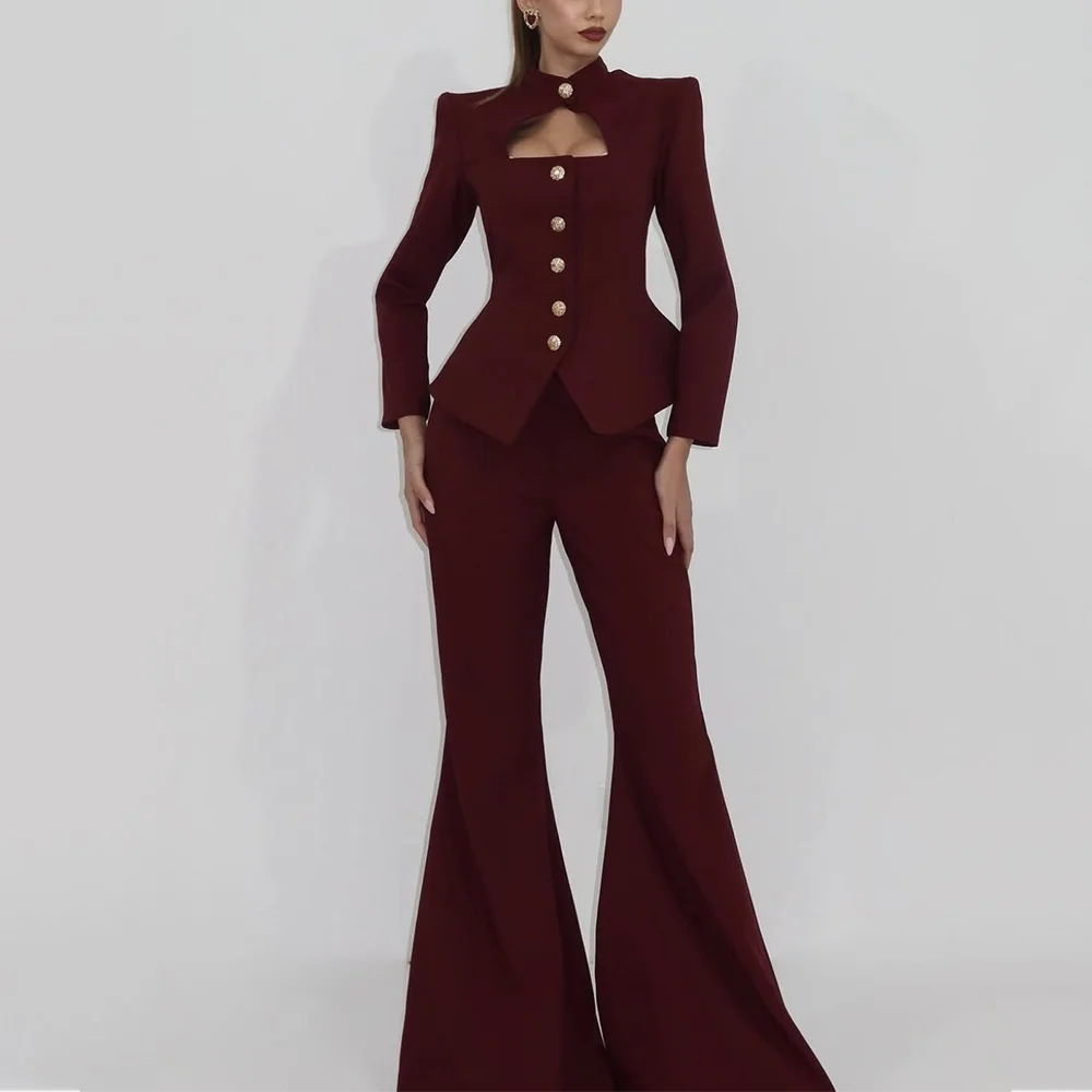 Modern Style Pants Suit For Women Unique Bell-Bottoms Single Breasted Fashion Blazer Set New Autumn Prom Party Lady Outfit