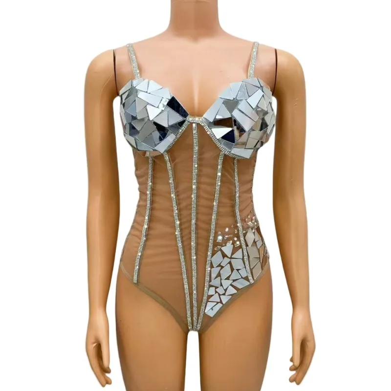 

Сексуальное сценическое прозрачное зеркало, трико, сетчатый слинг, регулируемый бандажный боди, DJ, женский костюм танцовщицы для ночного клуба