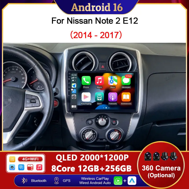 10 inch Autoradio Bluetooth Wireless CarPlay Android Auto WiFi For Nissan Note 2 E12 2014 - 2017 GPS Navigation Head Unit QLED