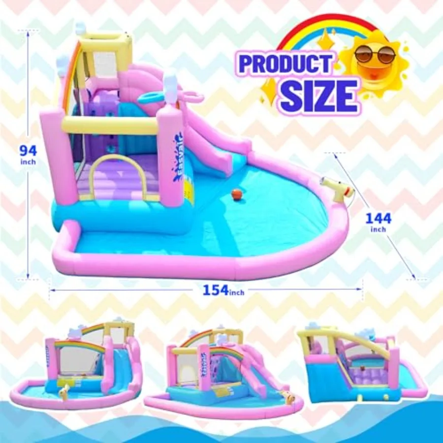 Backyard inflatable bounce house water slide combo: PVC, blue and yellow, includes climbing wall, basketball hoop, splash pool,