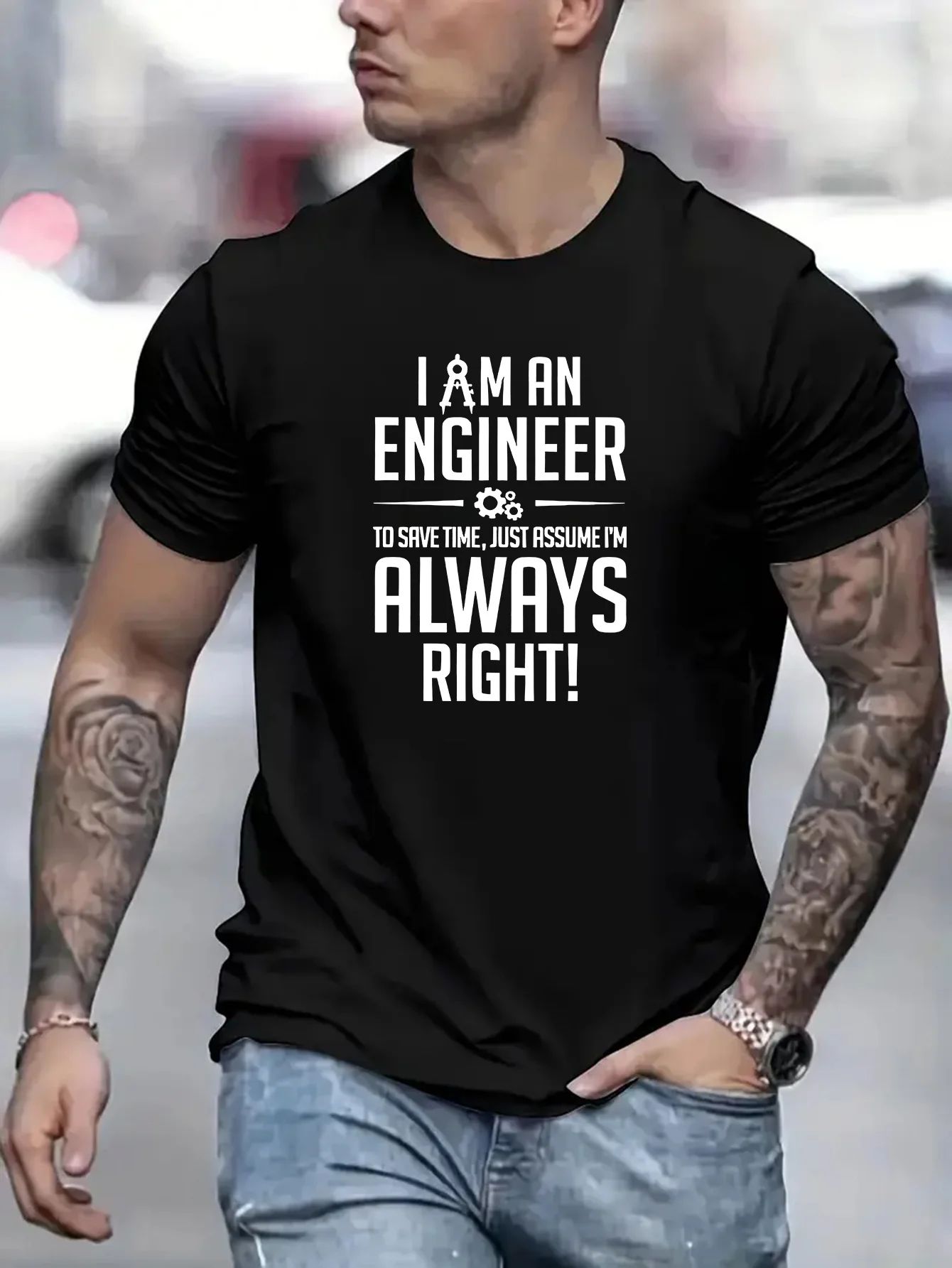 T-shirt décontracté pour homme en coton noir surdimensionné avec impression « I Am An Engineer Assume I'm Always Right Gear »