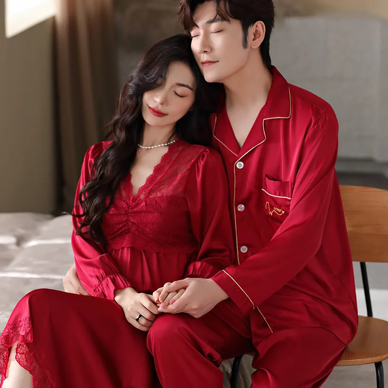 

Summer Couple Women Long Sleeve Nightgown Men Shirt Pants Sleepwear Ladies Loose Casual Lovers Nightdress Nightwear