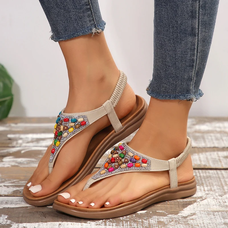 Clip Toe Bohemia Sandals for Woman 2024 Summer Flat Heels Colorful Beaded Beach Flip Flops Women Non-Slip Rome Shoes Sandalias