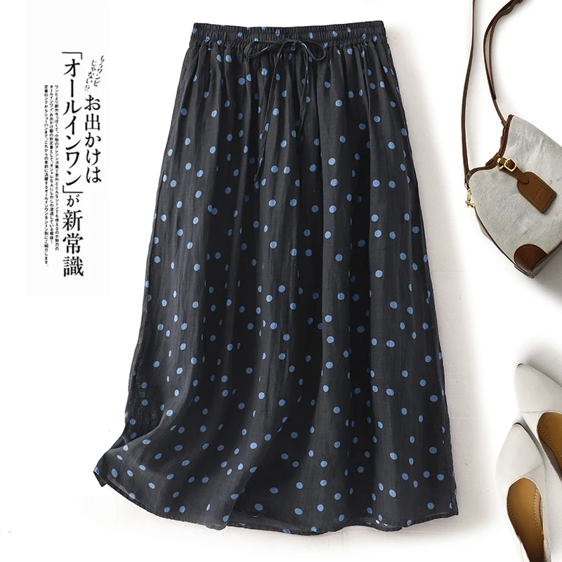 

Retro Polka Dot Linen Half Skirt Elastic Waist Slimming Summer Design Unique Midi Skirt Women's Fashion Spring Cotton